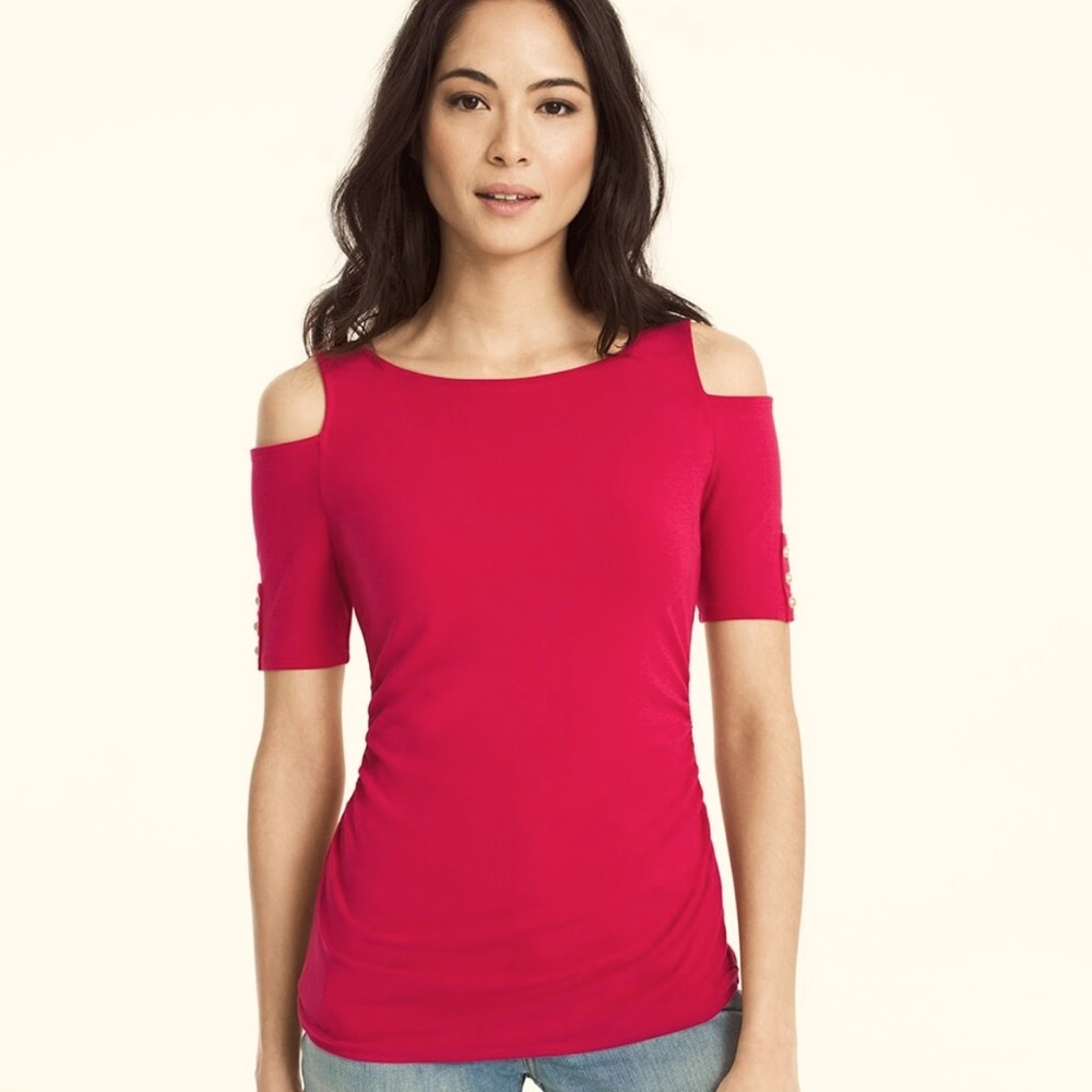 WHBM Rio Elbow Sleeve Cold- Shoulder Top. Red Berry color.
